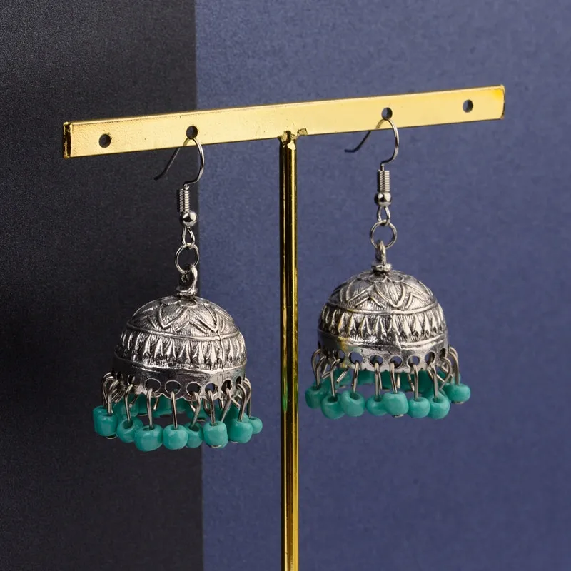 5 blue beads Винтажные тибетские серебряные индийские серьги в форме стилизованной птичьей клетки для женщин Brincos этнические антикварные металлические висячие серьги вечерние свадебные ювелирные изделия - Окраска металла: 5 blue beads
