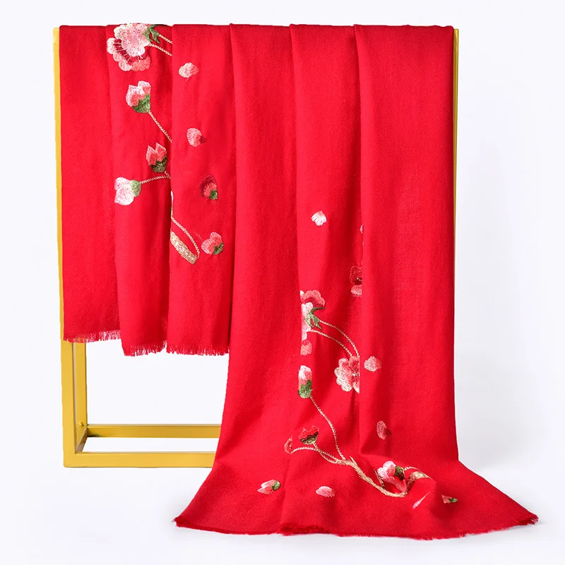 Китайский вышитый 100% шерстяной шарф шали для женщин теплые шерстяные шарфы