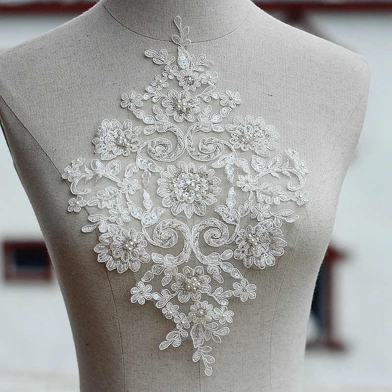 

Высококачественные алансонские кружевные аппликации цвета слоновой кости ручной работы, цветочные Вышитые нашивки, Свадебные товары, свад...