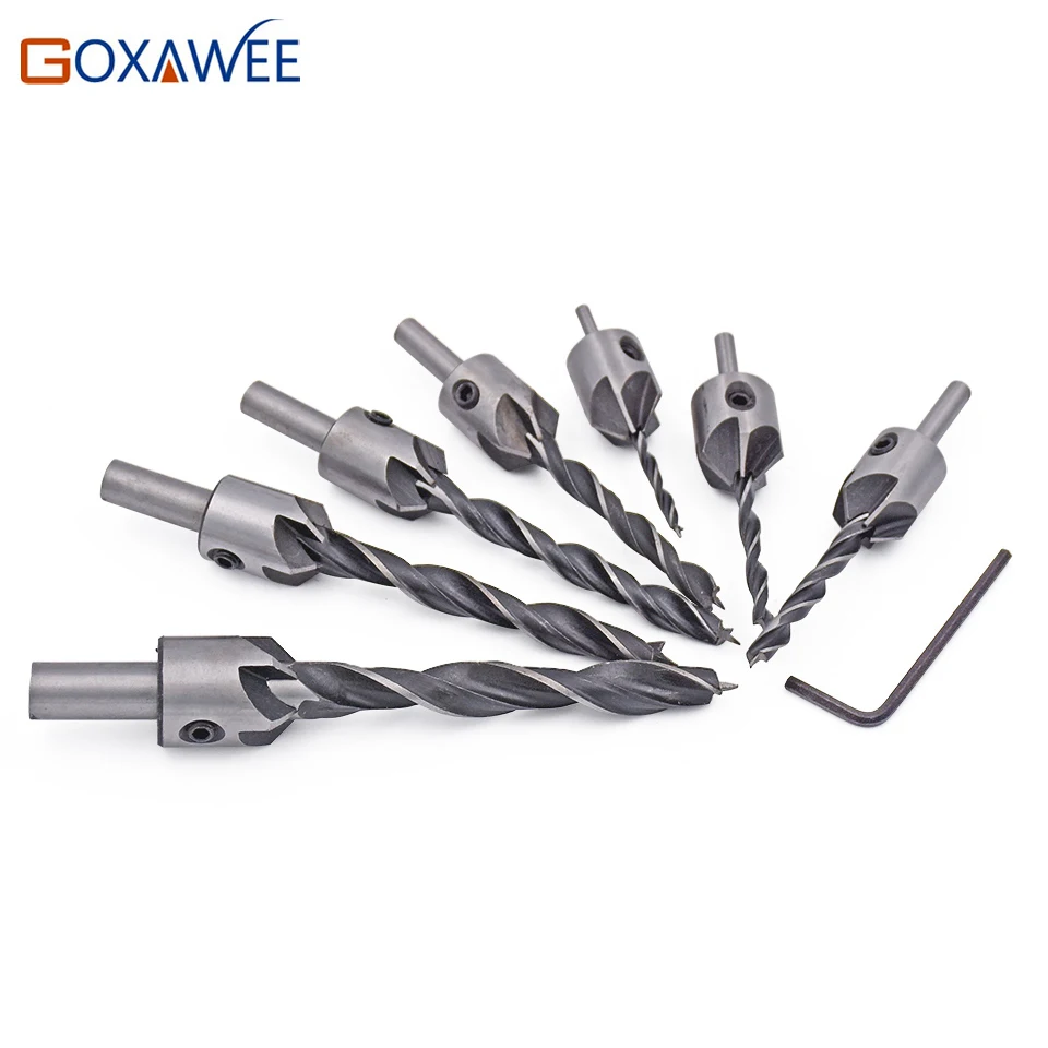 

GOXAWEE 7pcs 5 Flute Countersink Drills Bit HSS Drills Bit Reamer Set For Woodworking Chamfer 3-10mm Dia Woodworking Tools