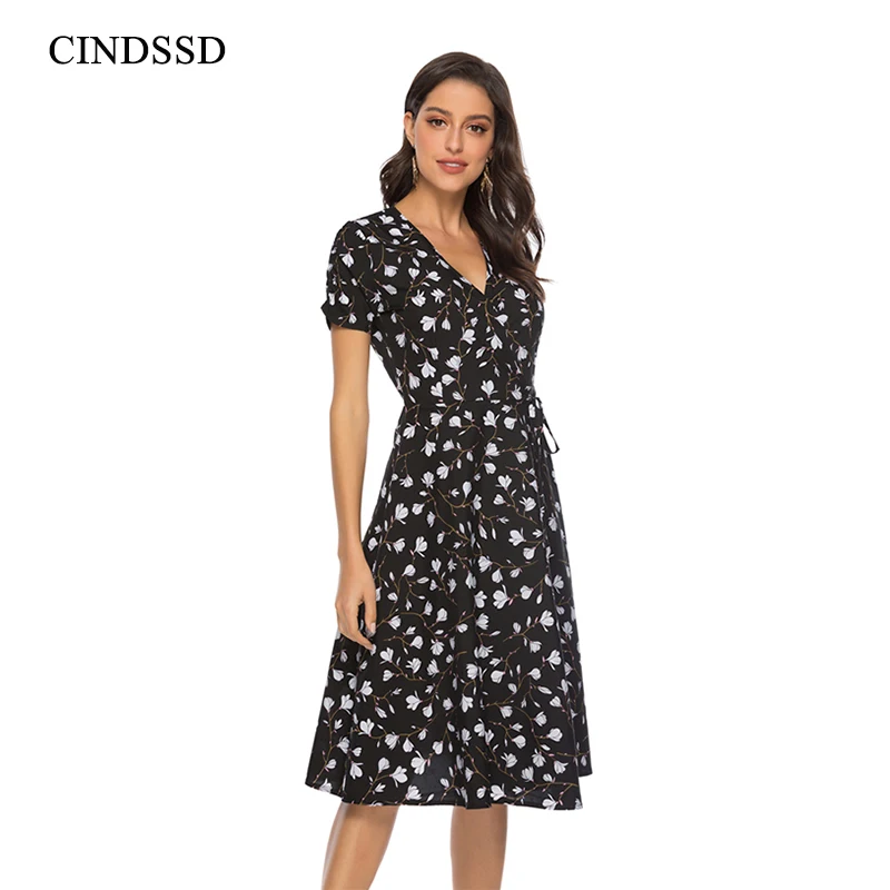 Женское офисное платье CINESSD черное пляжное шифоновое миди с v-образным вырезом