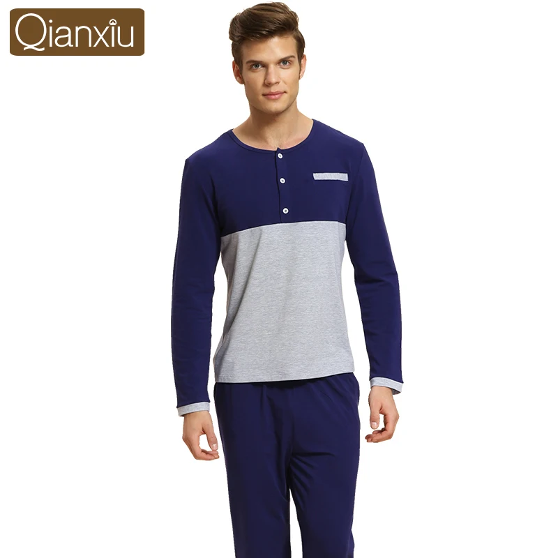 Мужская Повседневная Лоскутная Пижама комплект из футболки с круглым вырезом и