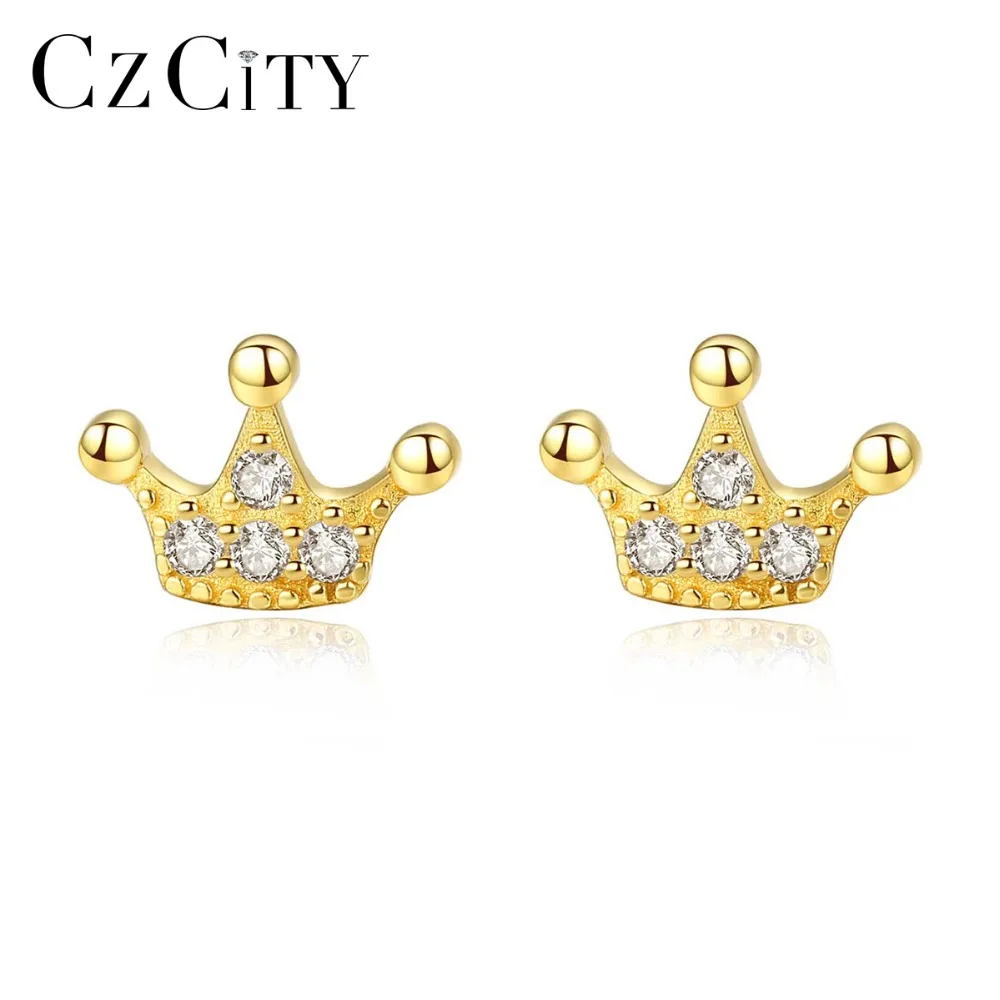 CZCITY 925 стерлингового серебра с милой принцессы корона серьги со шпилькой для