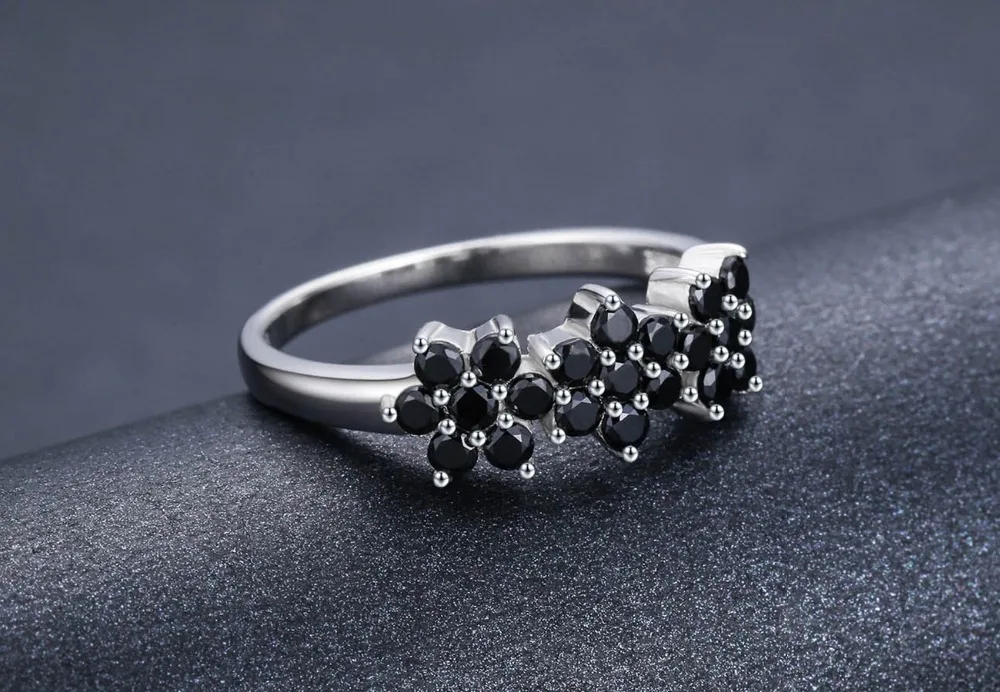 [Черный ость] Винтаж 2,1g 925 пробы Серебряные Ювелирные Изделия Bague цветок черной шпинели Обручение кольца для Для женщин девушке подарок C464