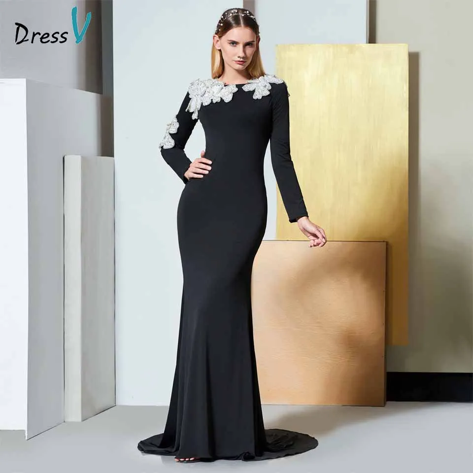 Dressv черное элегантное вечернее платье с длинным рукавом глубоким вырезом
