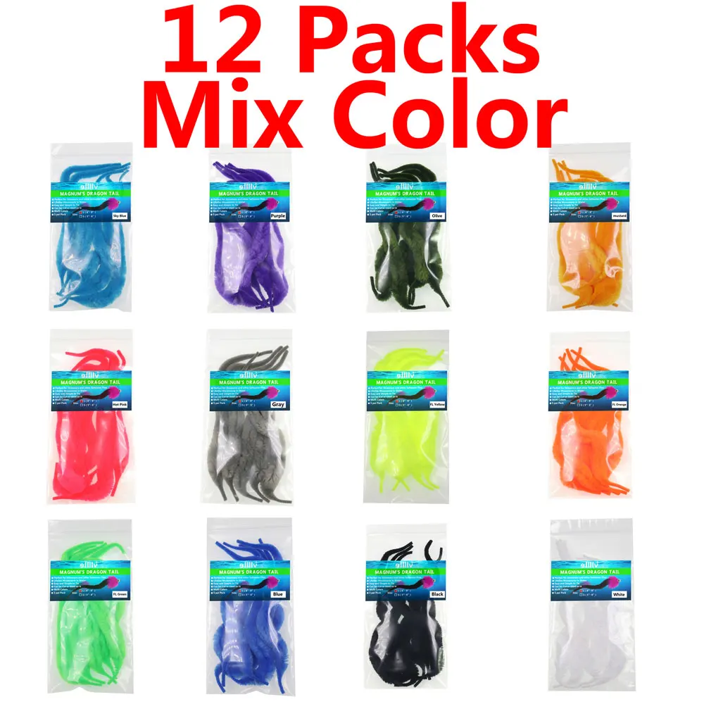 12 colors mix 12 упаковок x5шт/Сумка L Magnum Dragon Tail Щука соленая вода мухобойка материал стример стальная головка мухобойка хвосты - Цвет: 12 colors mix