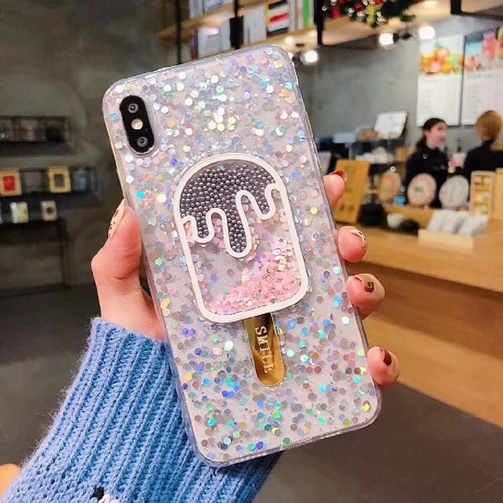 Glitter Case With Ice Cream Patterned For iPhone 6/S 7 8 Plus X XR XS XSMAX Paillette Flow While Moving TPU Silicone Cover |