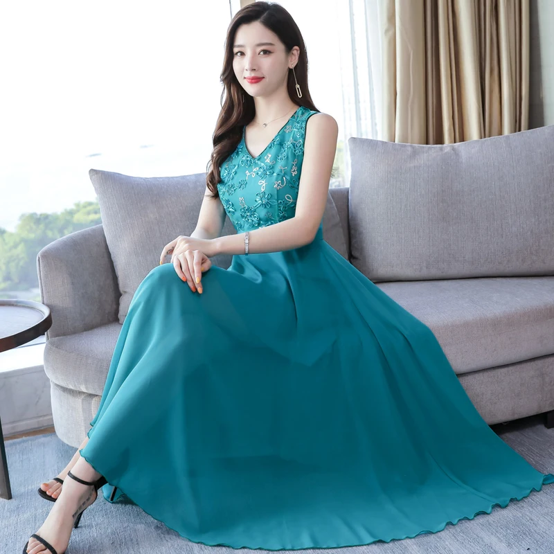 

M-3XL 2019 Summer New Arrival Elegant V Collar Sleeveless Woman Lace Flower Chiffon Long Dress