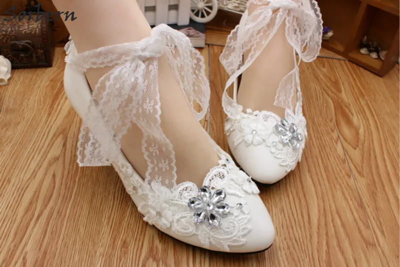 Sorbern Lace Ankle Straps Round Toe Low Heel Wedding Woman Shoe White Bridal Shoes Maid Of Honor Girls Cheap Fenty | Обувь