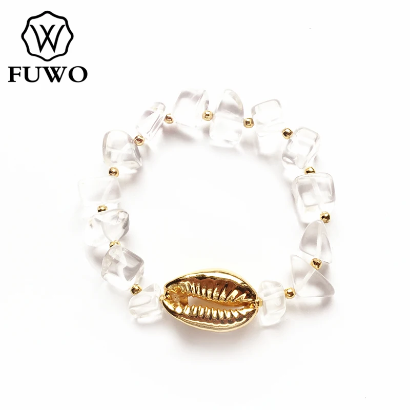 

FUWO натуральный Cowrie, прозрачный кварцевый браслет с золотым погружением, модный браслет из ракушек, ювелирные изделия в стиле бохо, подарок д...