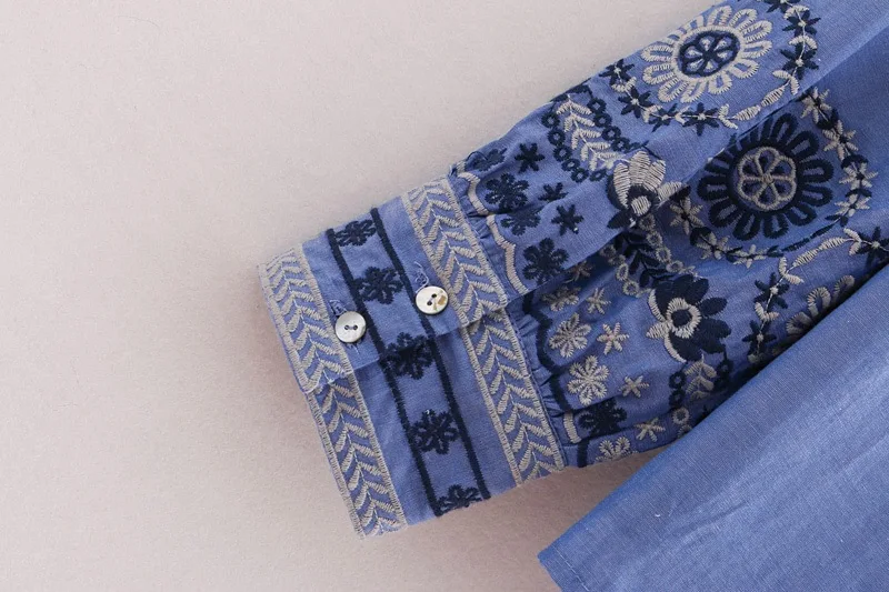 VOGUEIN New Womens Fashion Casual Embroidered Blue Long Sleeve Blouse Tops Shirt Wholesale | Женская одежда