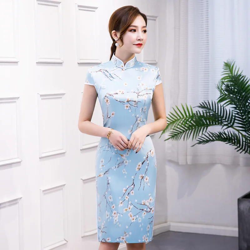 Женское атласное облегающее платье Qipao розовое с воротником стойкой и принтом в