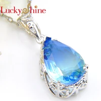 luckyshine fashion top gradient bi colored tourmaline waterdrop crystal zirconia silver women engagement gift pendant necklace f