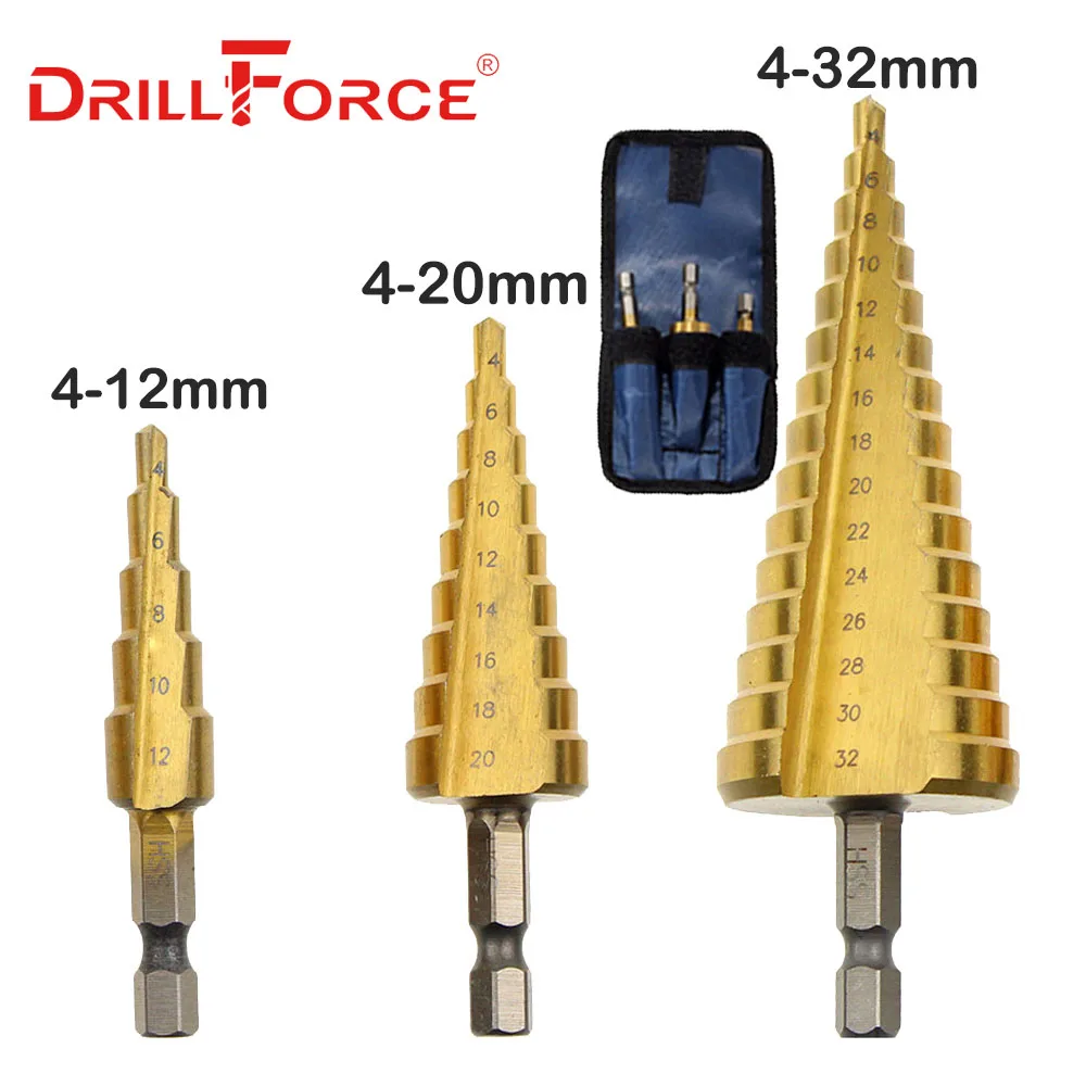 3PCS(4-12 4-20 4-32) Drillforce 3 шт. HSS шаг конус сверла набор дыра резак метрических на возраст от 4 до 12 лет/20/32 мм 1/" шестигранный хвостовик Титан металлическое ступенчатое сверло - Цвет: 3PCS(4-12 4-20 4-32)