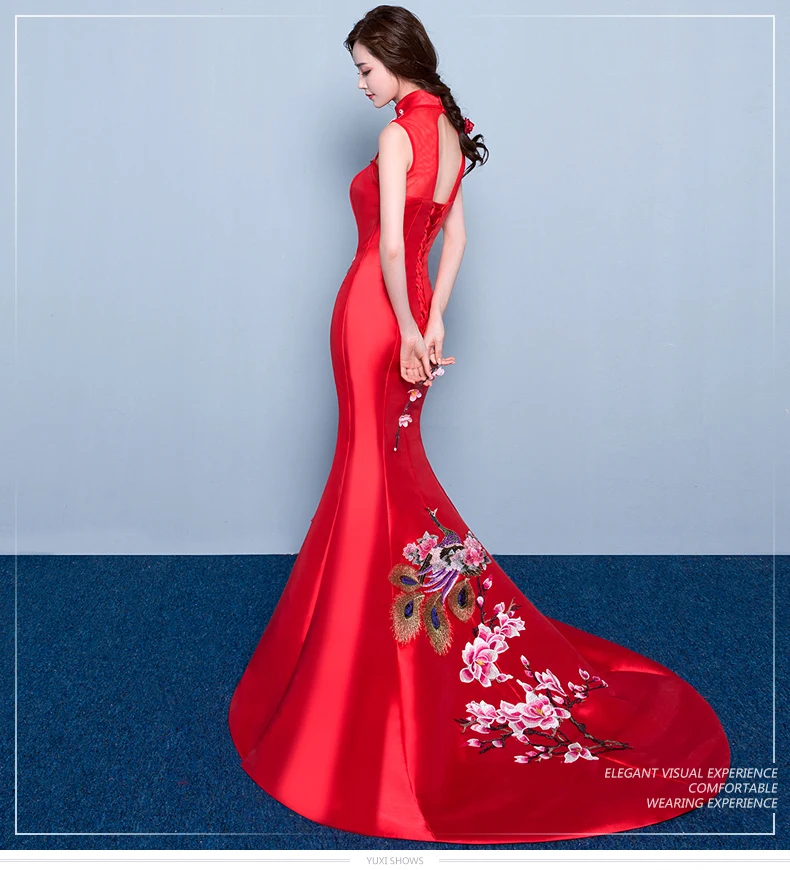 Красные свадебные кружевные традиционные платья для женщин cheongsam китайский стиль длинный Ципао вечернее высокое качество атлас