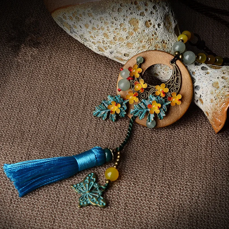 Ожерелье для женщин DIY синяя кисточка круглая деревянная подвеска из медного