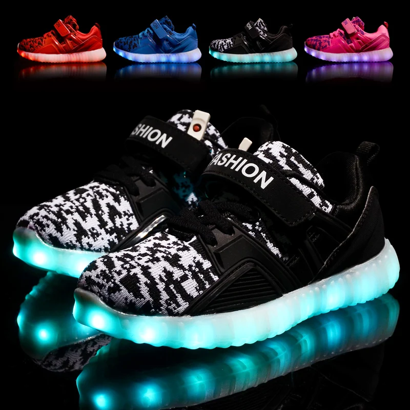 LED Children Shoes With Light For Boys Lighted Girls Sports Kids USB Charge Breathable Glowing Sneakers 20 | Детская одежда и