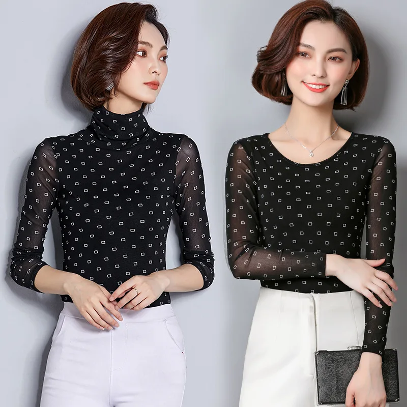 

Lady Long Sleeve Shirt Female Print Shirts Turtleneck Collar Upper Garment Female Leisure Clothes Plus Size Upper Garment B9639