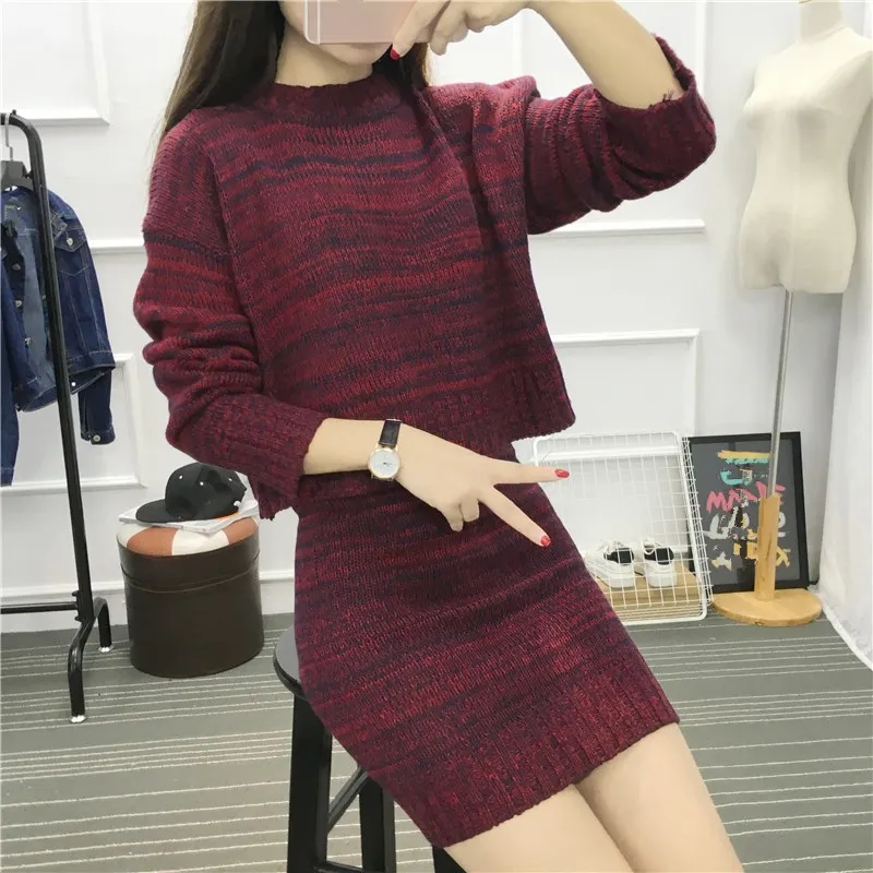 Женский трикотажный Костюм двойка свитер с длинным рукавом и трикотажная юбка