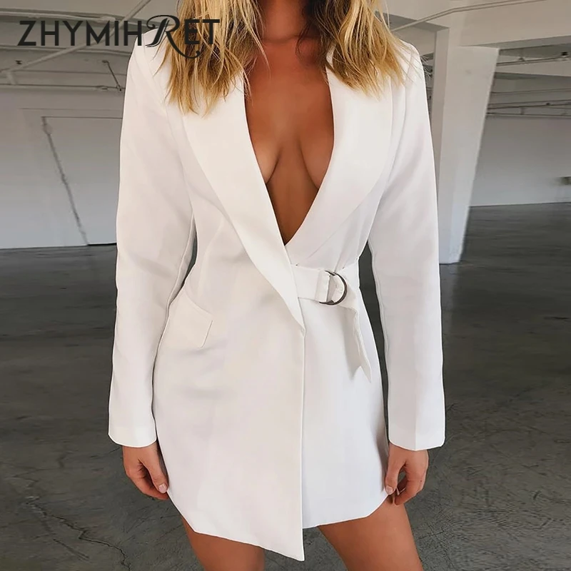 ZHYMIHRET белый блейзер с v образным вырезом Женский Длинный Feminino верхняя одежда