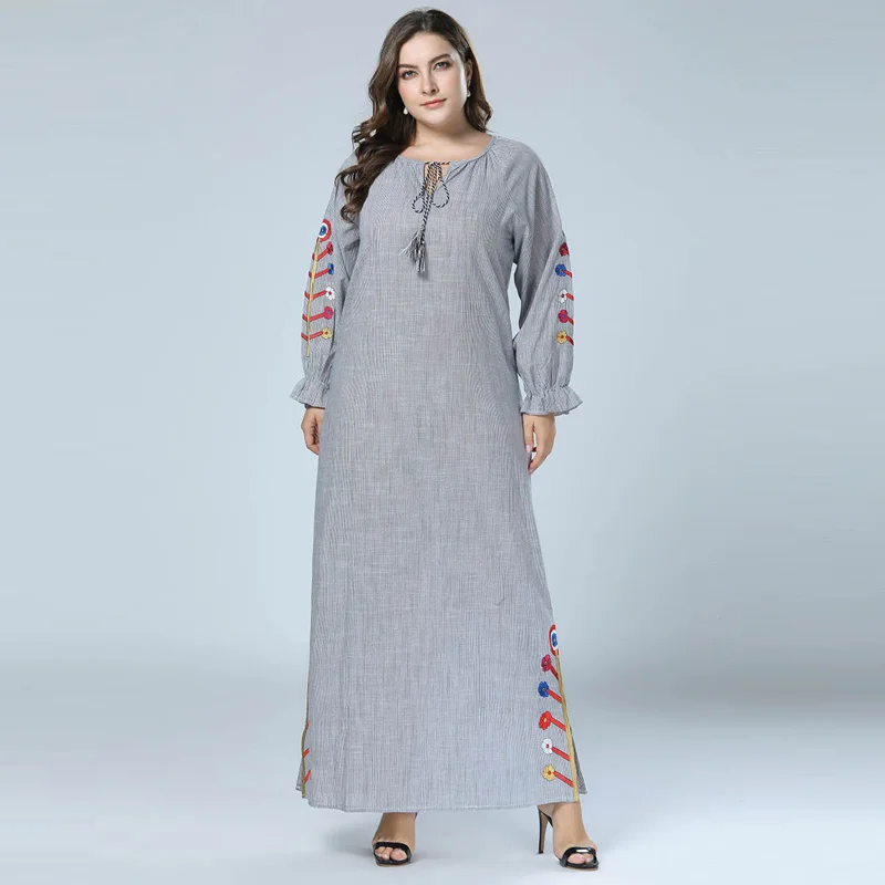 Хлопковое льняное Длинное Макси платье для женщин abaya Дубайский мусульманский