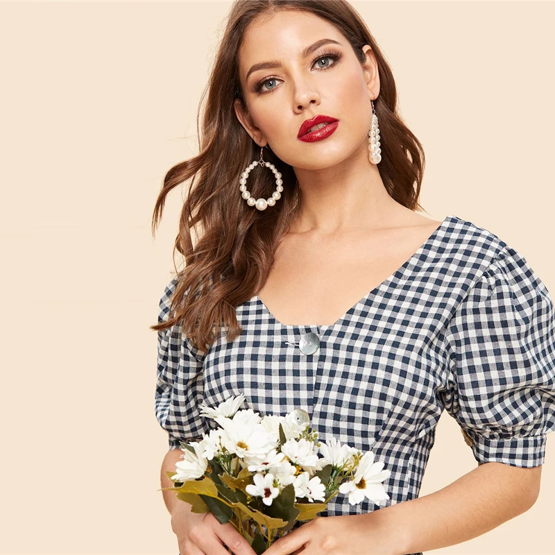 SHEIN Платье С Оригинальным Рукавом И Пуговицами, Макси Платье В Клетку, Летнее Хлопковое Макси Платье