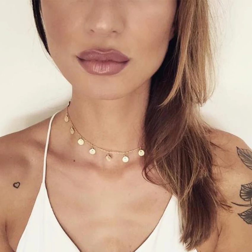 

Simple Fashion Gold Silver Color Sequins Coins Tassel Choker Necklace for Women ladies necklace Jewellry colares Drop shipping