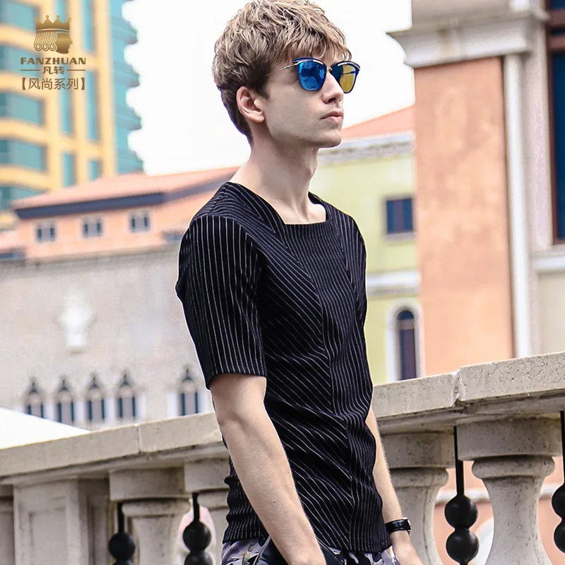 

FANZHUAN free shipping New fashion casual men's male 2017 short sleeved summer T shirt 715135 summer printed Stripe square neck