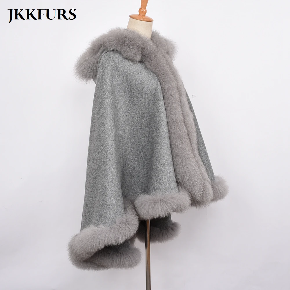 JKKFURS натуральный Лисий Мех обертывания женские зимние шарфы кашемировый шарф бросок пончо теплая Мода и шерстяной плащ съемный с капюшоном S1723