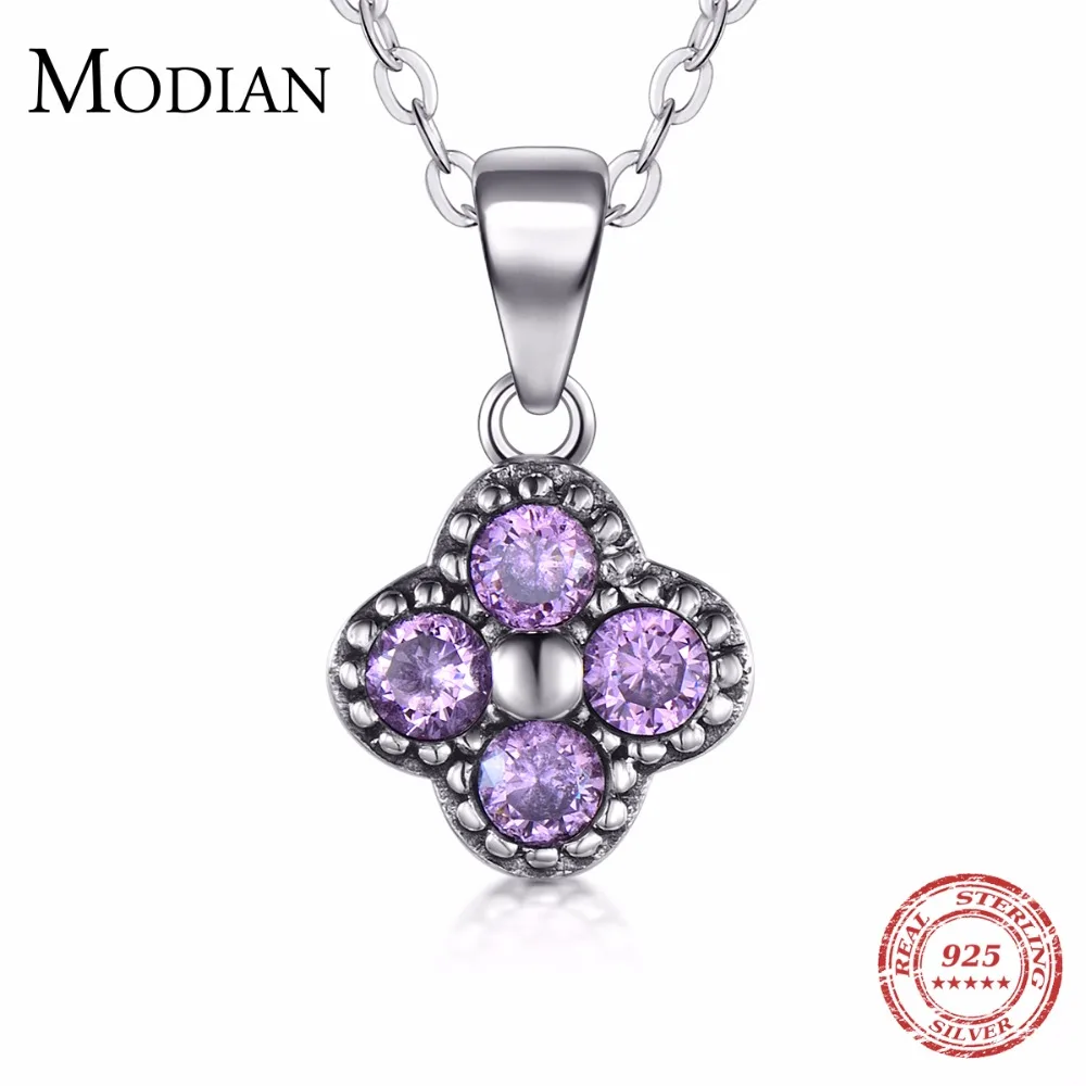Modian Solid 925 Sterling Silver Flowers Clover Purple Zircon Necklace Simple Fashion Pendant For Women Christmas Jewelry Gift | Украшения