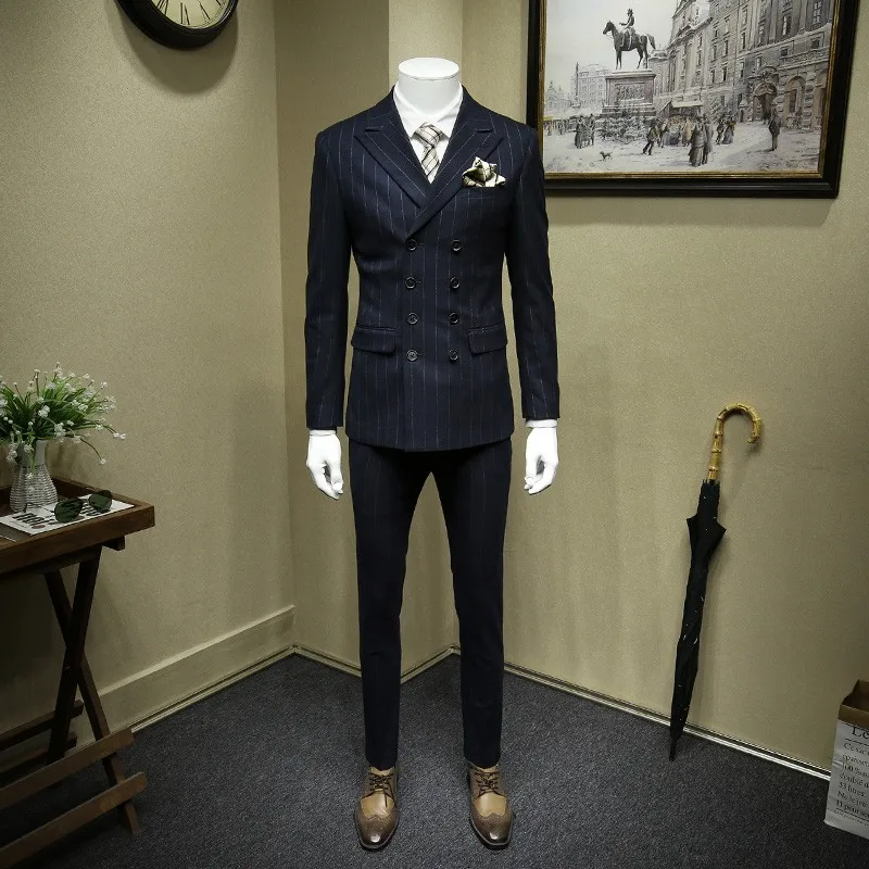 navy striped Формальный деловой мужской офисный костюм из 3 предметов, костюм жениха в полоску, приталенный двубортный Свадебный костюм, высококачественный костюм Homme - Цвет: navy striped