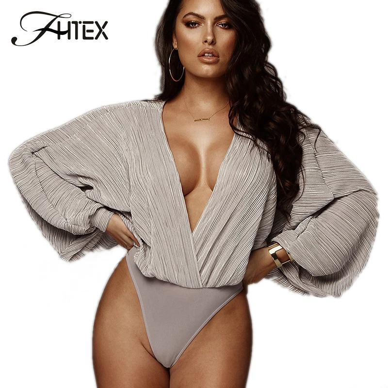 FHTEX, элегантные однотонные боди с глубоким вырезом и рукавом «летучая мышь», облегающие Повседневные Вечерние комбинезоны, негабаритные женские весенние боди Befree