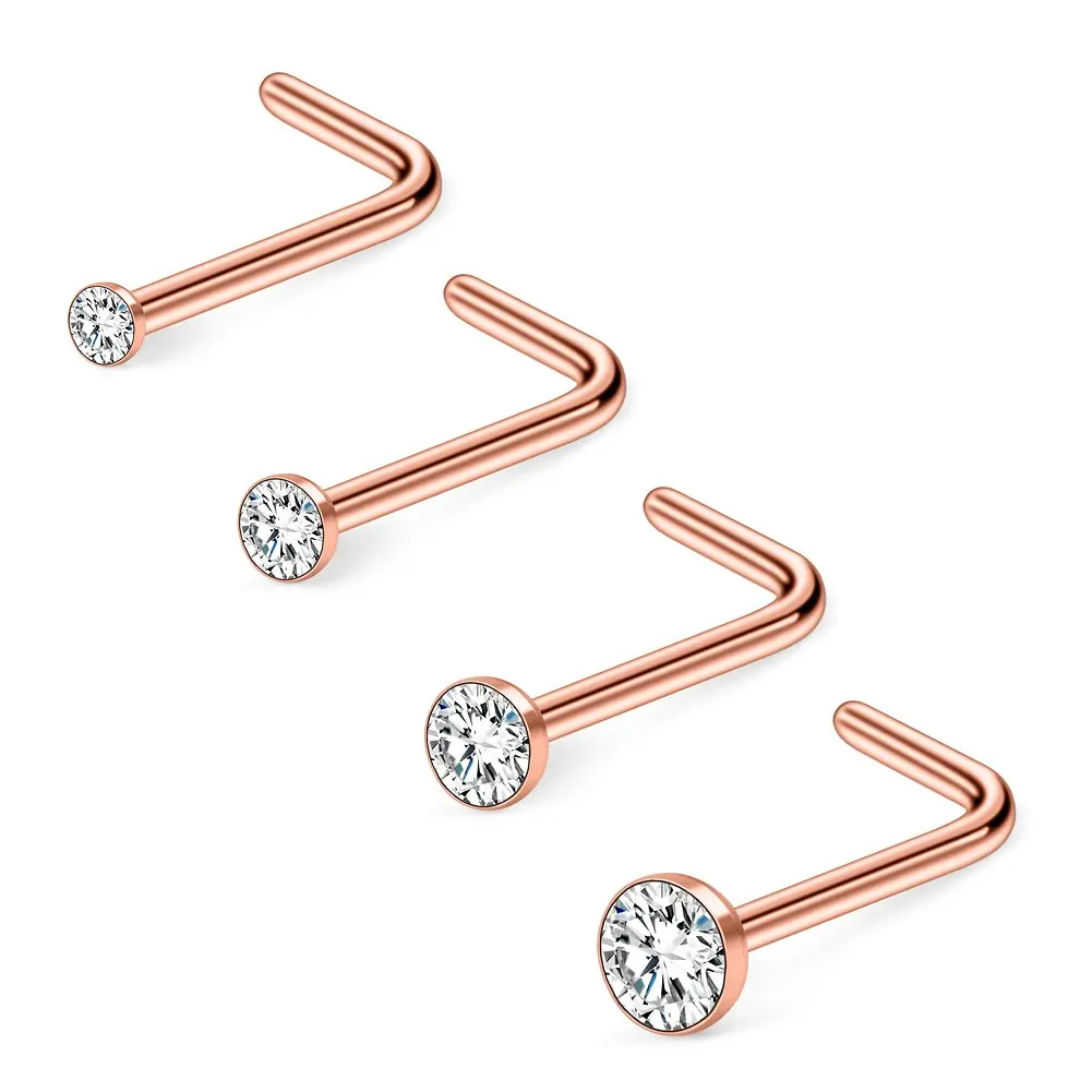 

JFORYOU 20G 1.5mm 2mm 2.5mm 3mm Jeweled Clear CZ Nose L Shaped Studs Rings Piercing Jewelry 4PCS