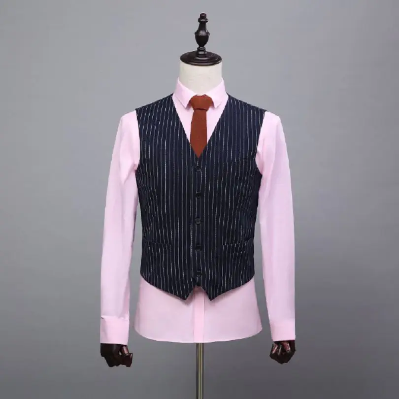 2018 темно синий полосатый Свадебный костюм двубортный деловой для жениха на заказ