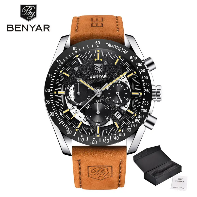 Black Yellow L Brown BENYAR мужские часы Топ бренд Роскошные часы кварцевые военные наручные часы мужские часы хронограф бизнес часы Relogio Masculino - Цвет: Black Yellow L Brown