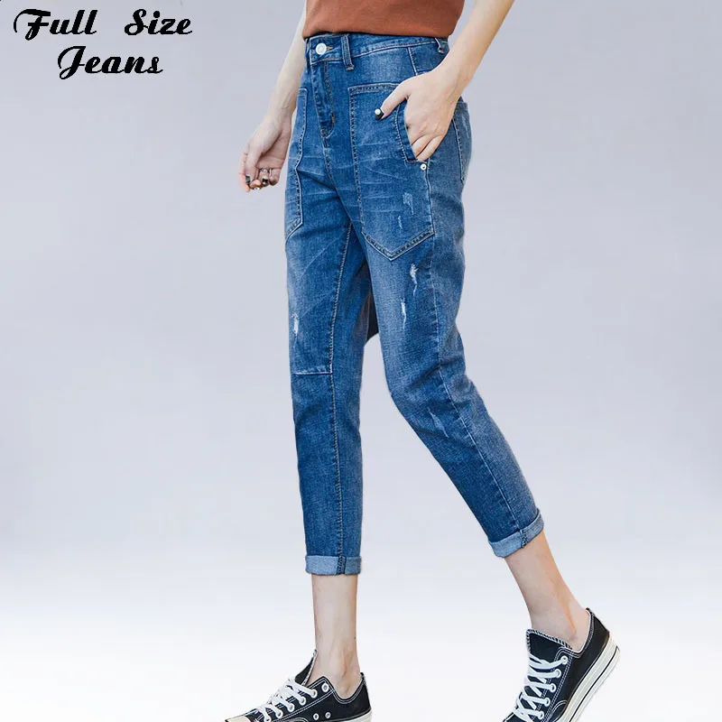 Plus Size Blue Design Big Pockets Cuffed White Wash Women Jeans 4Xl Xxxl Capris Vintage Boyfriend Large Harem Harlan Pants |