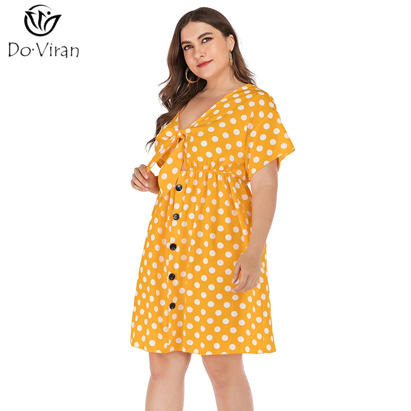 Летнее женское платье плюс размер с v образным вырезом желтая точка ретро Макси