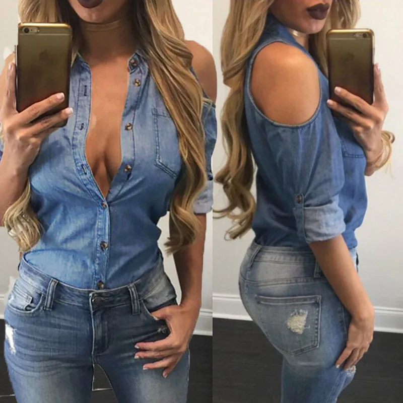 Новинка 2017 модная женская джинсовая рубашка с длинным рукавом и открытыми