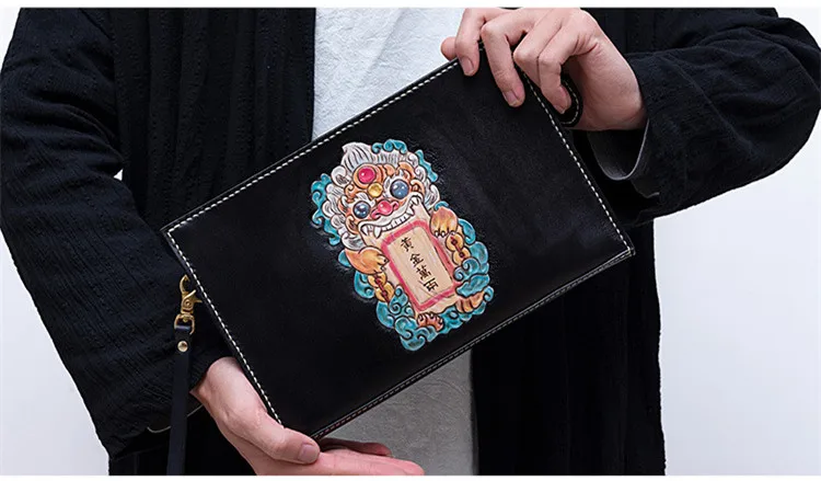 

Handmade Women Men Vegetable Tanned Leather Hand Painting Mammon Bag Money Holder Clutch Purse Clutches Cow Lerther Envelope