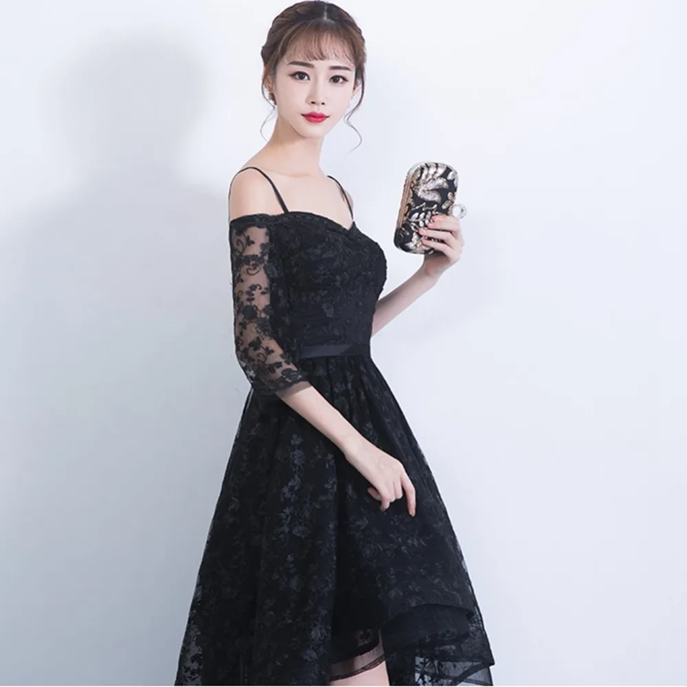 prom dresses sexy black lace vestidos de festa longo high/low dress with 3/4 sleeves sweetheart gown | Свадьбы и торжества
