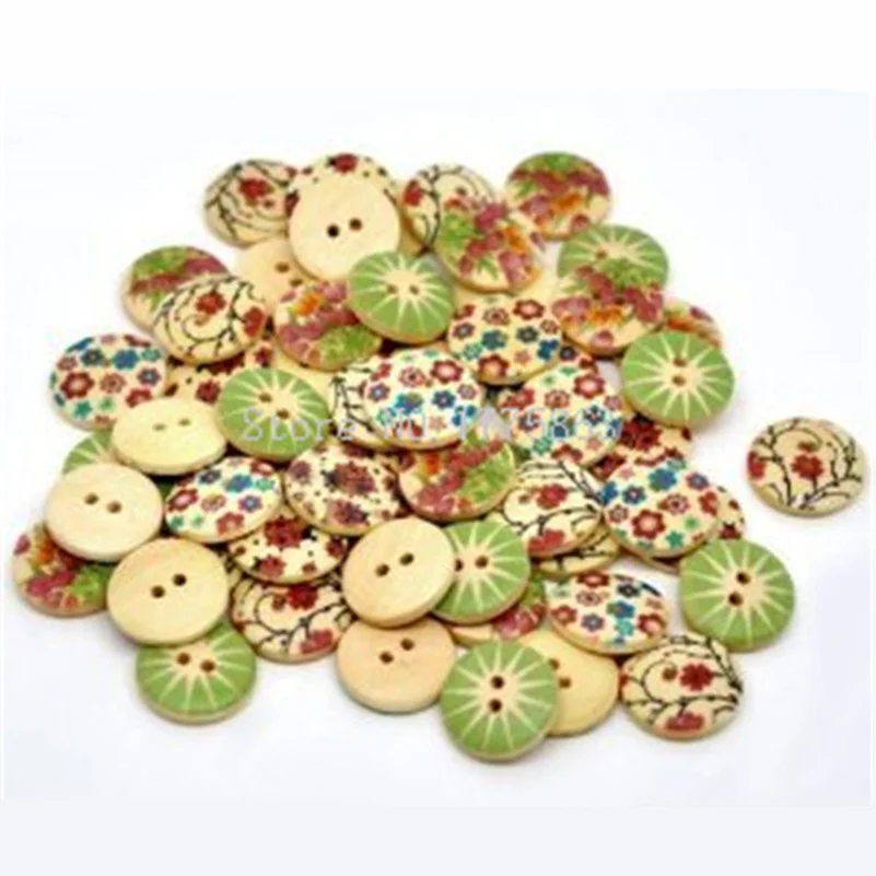 Круглые деревянные кнопки с 2 отверстиями и разноцветным цветочным принтом 50 шт.