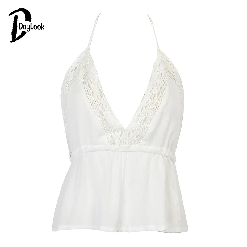 DayLook 2016 Летний Топ Женщин Синий и Белый Холтер Кружева Сетки Открытым вернуться