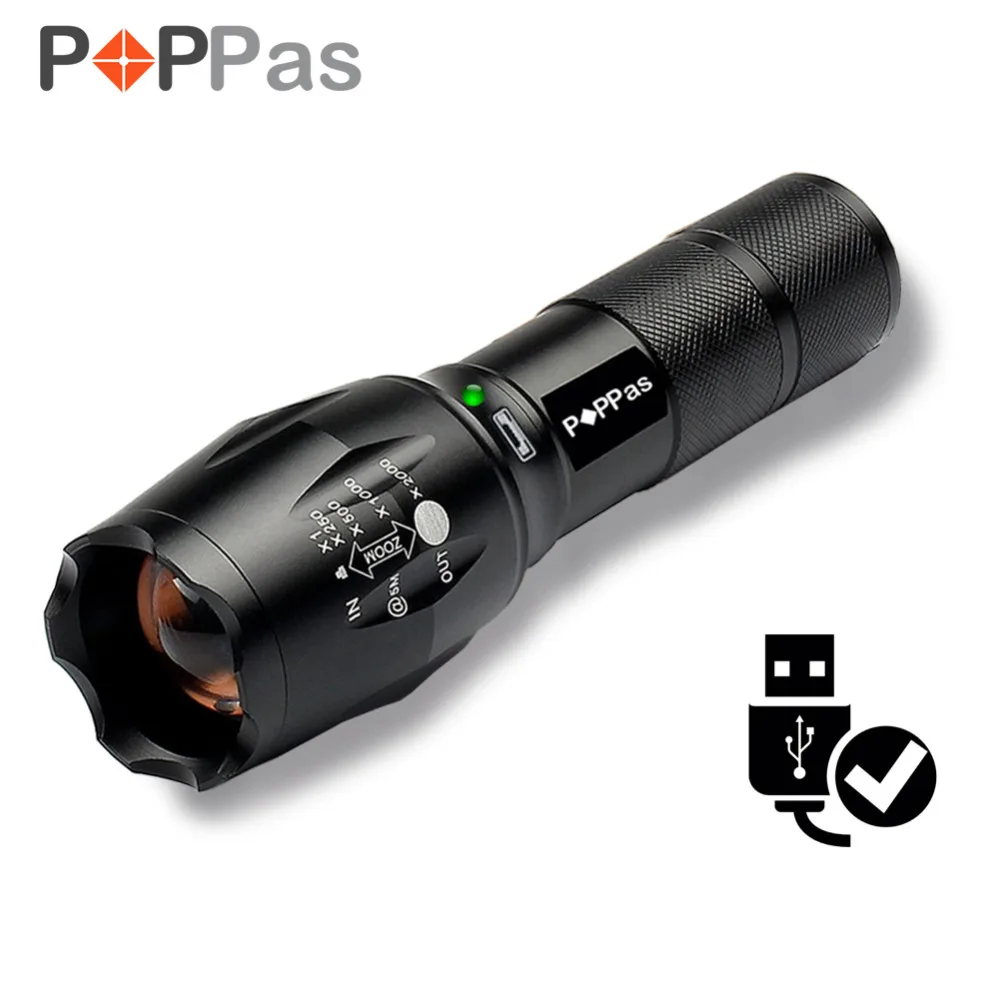 POPPAS Micro USB 1300LM CREE XML-T6 L2 Chips Flashlight LED Torch Zoomable Ultra Bright Handheld Water Resistant 2400mAh | Лампы и