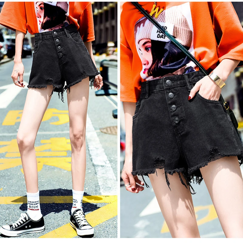 Black denim shorts for women baggy ultra-high waisted 2019 summer web celebrity wide-leg a-line fringe hot | Женская одежда