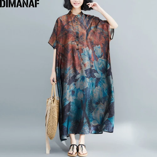 Jing95121CN-kaqi DIMANAF, женское платье большого размера, винтажное, большой размер, для женщин, Vestido, летний сарафан, свободный, с цветочным принтом, для девушек, элегантное, длинное платье, 5XL, 6XL - Цвет: Jing95121CN-kaqi