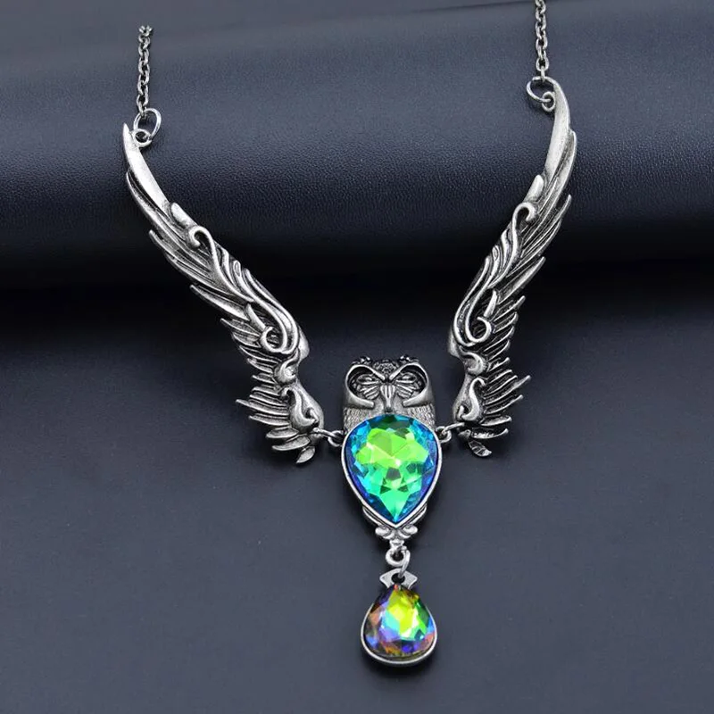 Модное винтажное ожерелье в виде совы, унисекс, женская большая Хрустальная подвеска, ожерелье из металлического сплава, серебряная длинная цепочка, массивное ожерелье
