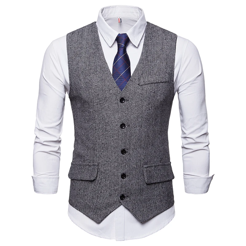 Gnibiel Для мужчин жилет елочкой Бизнес твид Slim Fit коричневый смокинг костюм плед