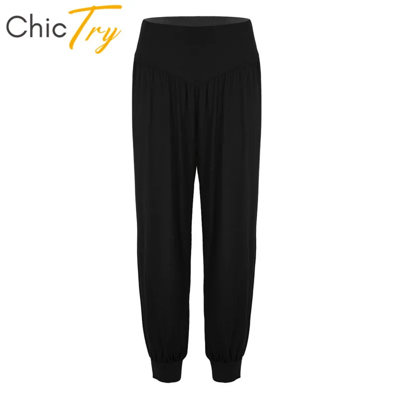 

ChicTry Soft Elastic Waistband Solid Color Wide Leg Casual Loose Sports Street Dancing Women Long Harem Pants Jazz Dance Costume
