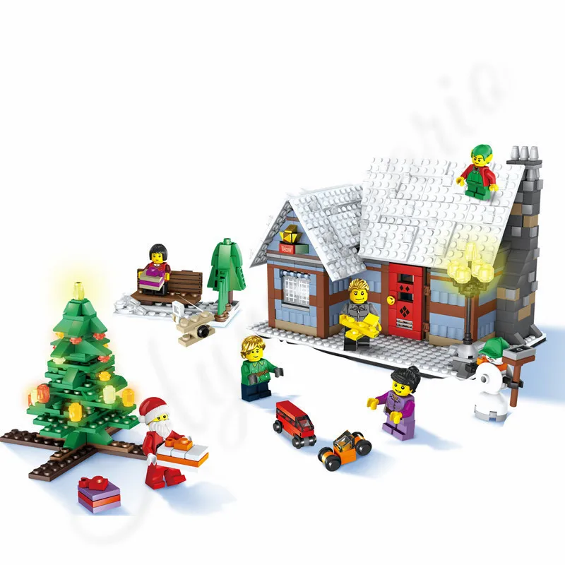 Зимняя деревня Рождество модульный создатель Санта Клаус Олень Строительные