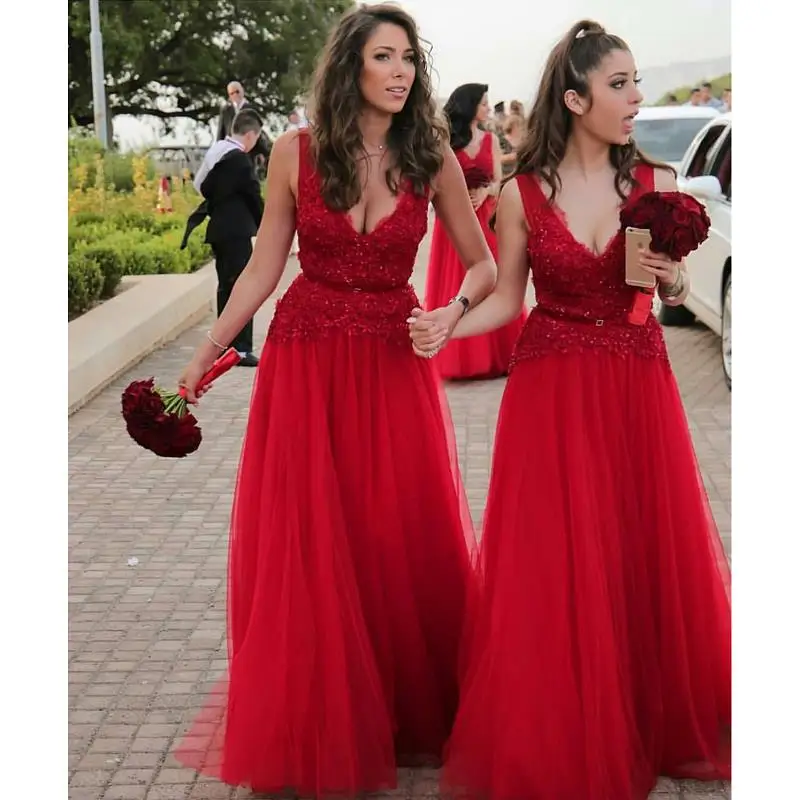 

Red V Neck Bridesmaids Dresses 2021 robe demoiselle d'honneur A Line Applique Tulle Wedding Guest Dress Maid Of Honor Gowns